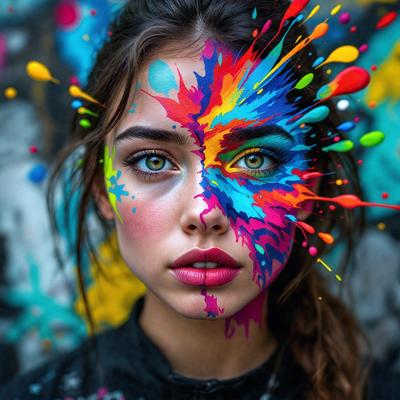 The primary subject of the image is a woman with a face painted in various colors, including blue, green, and red. She is wearing a black shirt and has her mouth open. The setting is a colorful background, which adds to the vibrant and lively atmosphere of the scene. The visual style of the image is a combination of photo and digital art, creating a unique and eye-catching representation of the woman's face. The colors and mood of the image are energetic and playful, reflect